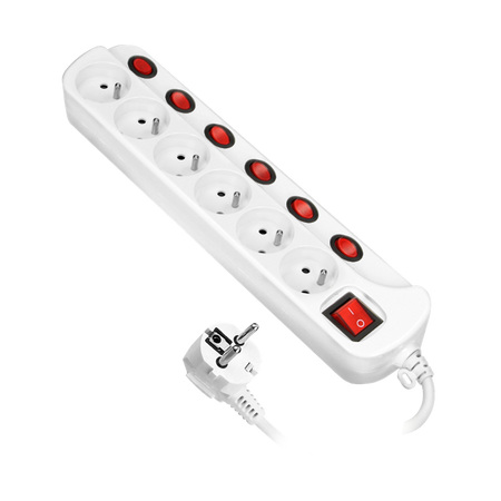 Multiprise "Multiswitch", 6 prises 2P+Z, câble 3x1.0mm2, longueur 1.5m, avec interrupteurs lumineux : principal à deux voies et interrupteurs séparés pour chaque prise. Interrupteur thermique. 10A/230VAC