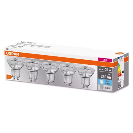 Set de 5x LED BASE PAR16 GU10 2.6W =35W 4000K 230lm 36st Osram