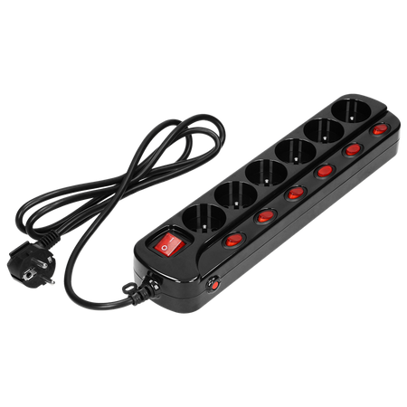 Multiprise "Multiswitch", 6 prises 2P+Z, câble 3x1.0mm2, longueur 1.5m, avec interrupteurs lumineux : principal à deux voies et interrupteurs séparés pour chaque prise. Interrupteur thermique. 10A/230VAC, noir