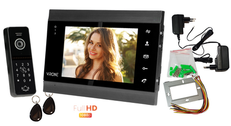 Kit vidéo-interphone, combiné, écran LCD 7", menu OSD, WI-FI + téléphone APP, avec emplacement pour carte mémoire TF, caméra Full HD 1080p, clavier et lecteur de cartes et porte-clés de proximité 13.56MHz, noir, VIFIS Full HD