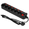 Multiprise "Multiswitch", 6 prises 2P+Z, câble 3x1.0mm2, longueur 1.5m, avec interrupteurs lumineux : principal à deux voies et interrupteurs séparés pour chaque prise. Interrupteur thermique. 10A/230VAC, noir
