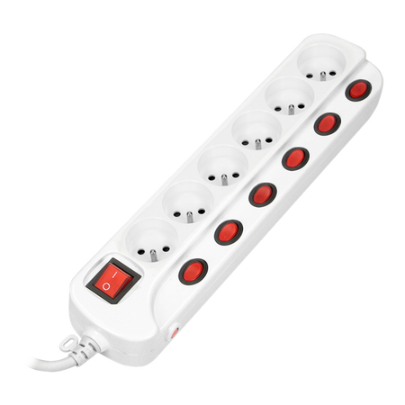 Multiprise "Multiswitch", 6 prises 2P+Z, câble 3x1.0mm2, longueur 1.5m, avec interrupteurs lumineux : principal à deux voies et interrupteurs séparés pour chaque prise. Interrupteur thermique. 10A/230VAC