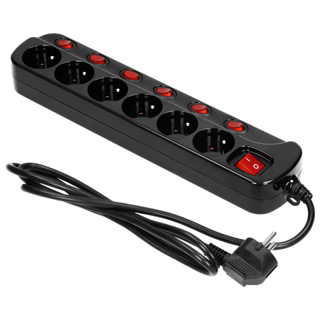 Multiprise "Multiswitch", 6 prises 2P+Z, câble 3x1.0mm2, longueur 1.5m, avec interrupteurs lumineux : principal à deux voies et interrupteurs séparés pour chaque prise. Interrupteur thermique. 10A/230VAC, noir