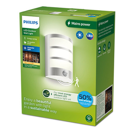 Applique de façade extérieure avec détecteur de mouvement LED PYTHON 3,8W 2700K 800lm IP44 acier inoxydable Philips