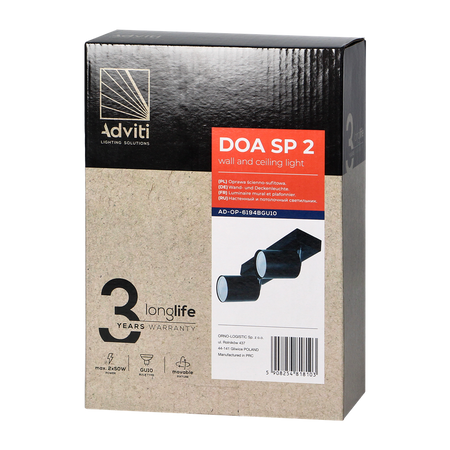 DOA SP 2I, appliques et plafonniers, GU10 max. 2x50W, IP20, noir