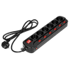 Multiprise "Multiswitch", 6 prises 2P+Z, câble 3x1.0mm2, longueur 1.5m, avec interrupteurs lumineux : principal à deux voies et interrupteurs séparés pour chaque prise. Interrupteur thermique. 10A/230VAC, noir