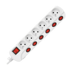 Multiprise "Multiswitch", 6 prises 2P+Z, câble 3x1.0mm2, longueur 1.5m, avec interrupteurs lumineux : principal à deux voies et interrupteurs séparés pour chaque prise. Interrupteur thermique. 10A/230VAC