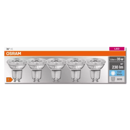 Set de 5x LED BASE PAR16 GU10 2.6W =35W 4000K 230lm 36st Osram