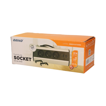 Prise de bureau avec support de montage 3x2P+Z, chargeur USB et câble 1,8m OR-AE-13105 Orno