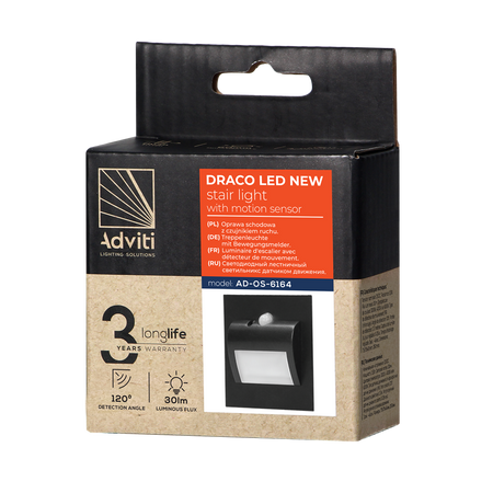 DRACO LED NEW 1,5W, luminaire encastré pour escaliers, 12VDC, 30lm, 4000K, noir, détecteur de mouvement et de crépuscule