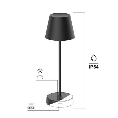 Lampe de table NELI, 2,7W LED, noir, avec batterie 2200mAh, IP54, couleur chaude, 200lm, 33cm, EDO777641 EDO Solutions