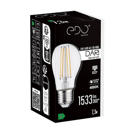 Ampoule décorative DARI LED Filament 7,3W, E27, 4000K, 1533lm, 230V, CLEAR A60, EDO777712 EDO Solutions