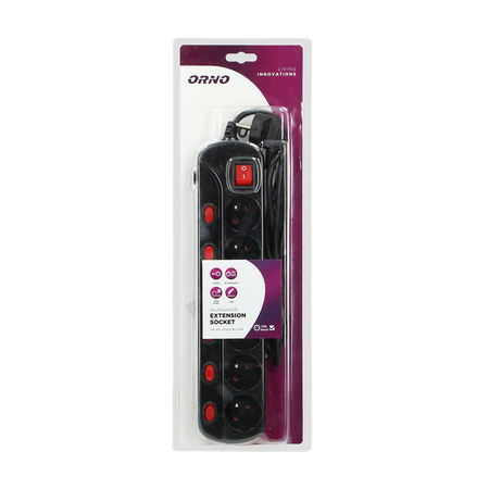 Multiprise "Multiswitch", 6 prises 2P+Z, câble 3x1.0mm2, longueur 1.5m, avec interrupteurs lumineux : principal à deux voies et interrupteurs séparés pour chaque prise. Interrupteur thermique. 10A/230VAC, noir