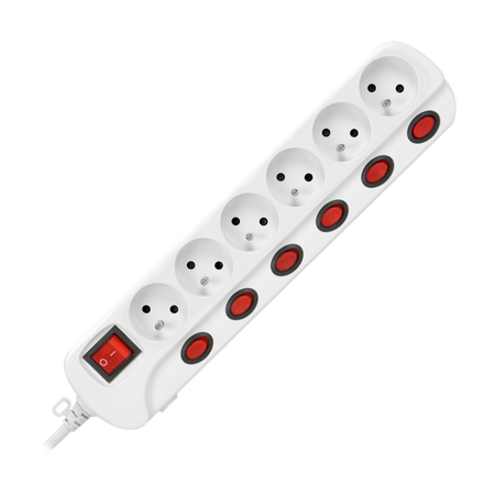 Multiprise "Multiswitch", 6 prises 2P+Z, câble 3x1.0mm2, longueur 1.5m, avec interrupteurs lumineux : principal à deux voies et interrupteurs séparés pour chaque prise. Interrupteur thermique. 10A/230VAC